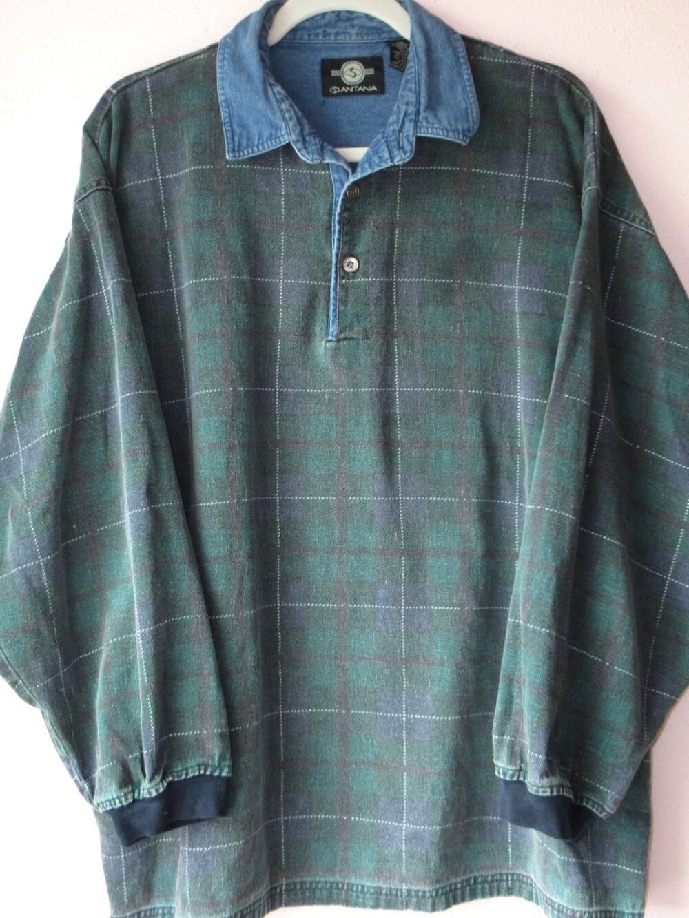 Vintage Plaid Rugby Pullover Green 100% Cotton Denim Collar Preppy 90s Sz L  DES